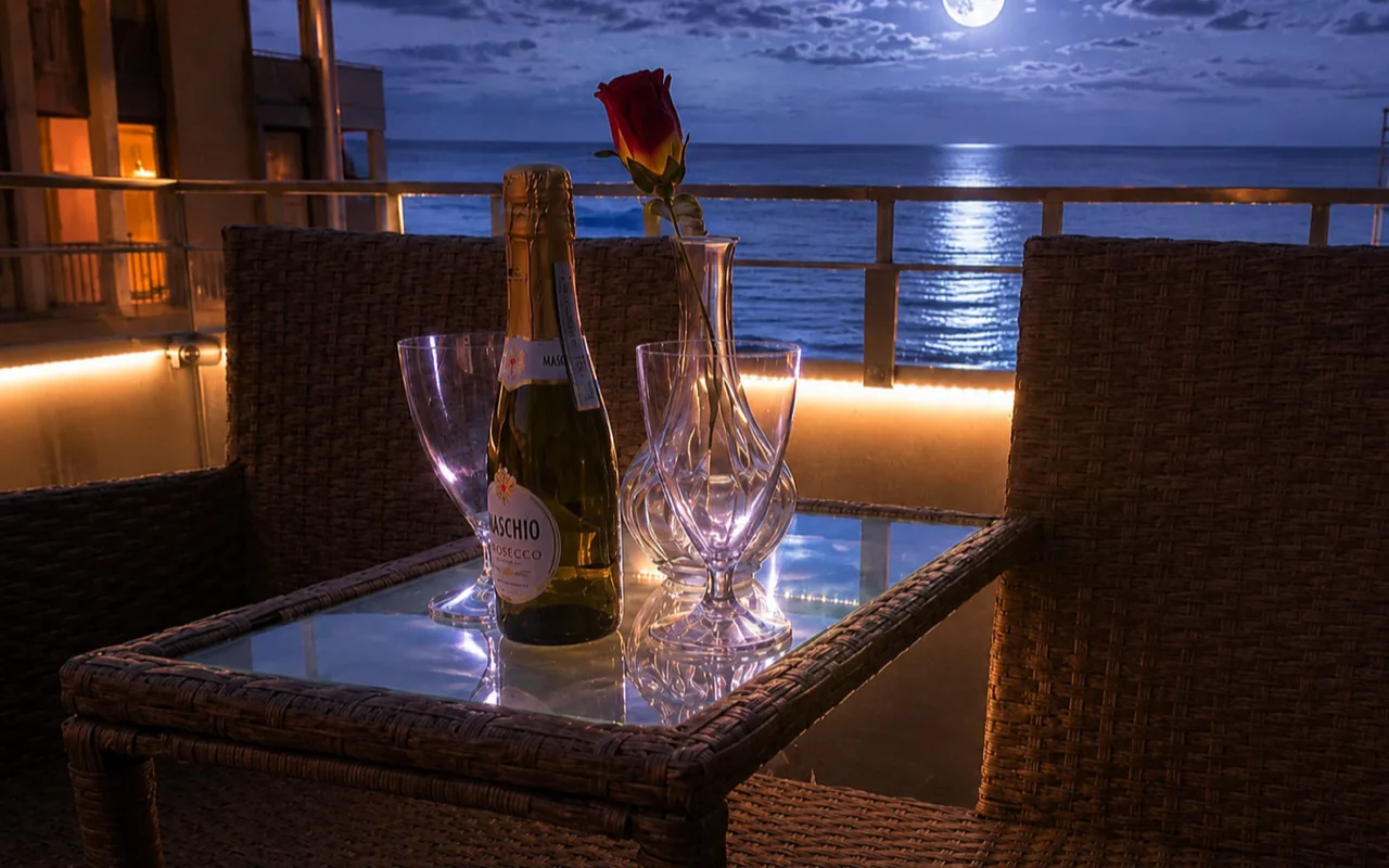 Balcone del B&B Cielo Stellato di sera, con vista sul mare